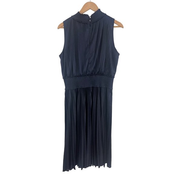 Size 14 NAVY BLUE SHINY SMOCKED HIGH‎ NECK PLEATED MIDI DRESS Special Occasion - Picture 3 of 6